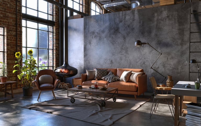 Industrial style dark living room